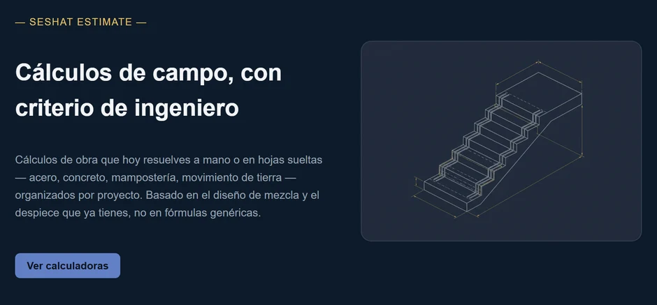 Seshat Estimate: portada de las calculadoras de obra, con una escalera de concreto en isométrico